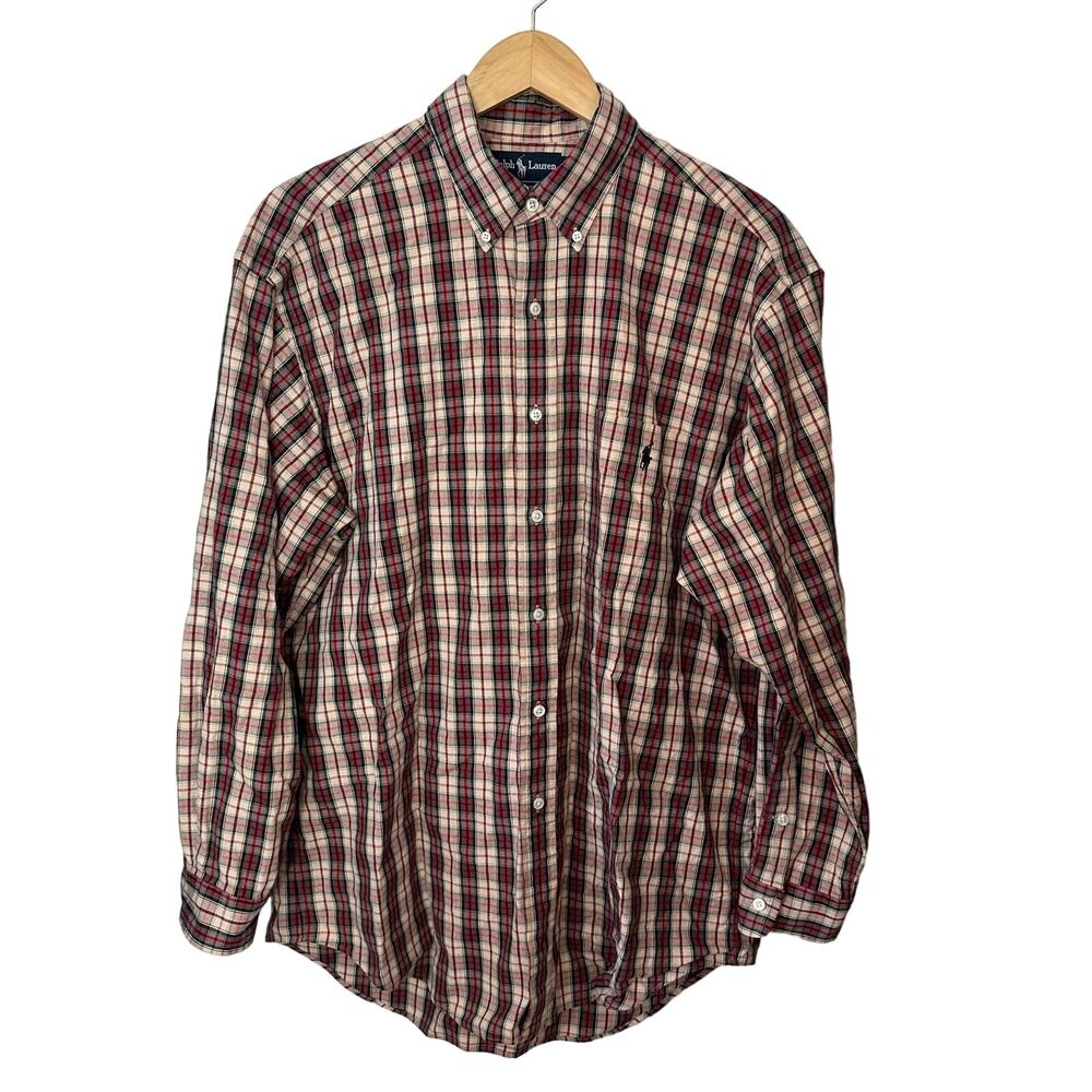 Ralph Lauren Plaid Mens BIG Shirt Medium 100% Cotton Blue‎ Pony Preppy Academic